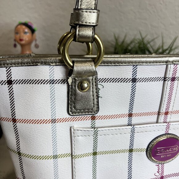Coach Heritage Tattersall Shoulder Bag Multi Plaid Leather Cream Women’s - Picture 13 of 15